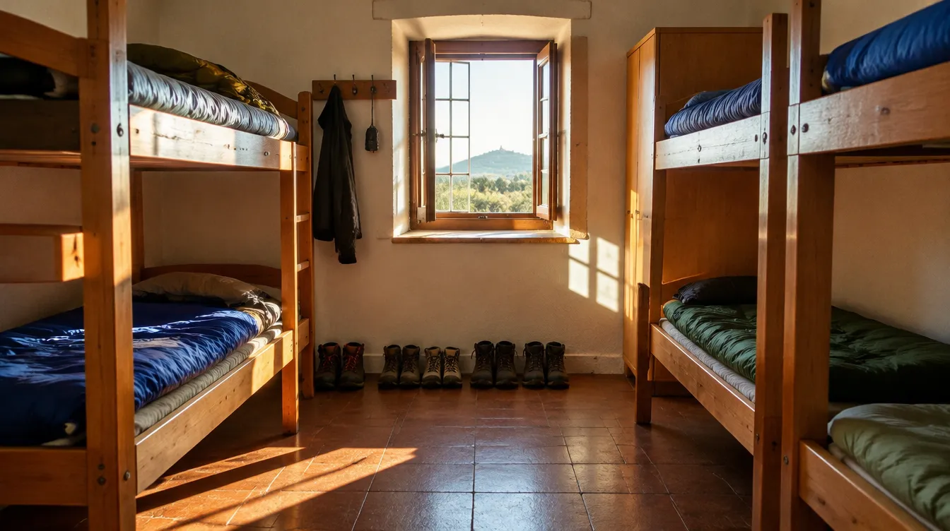 Dormitório de albergue à tarde, sono e descanso no Caminho de Santiago