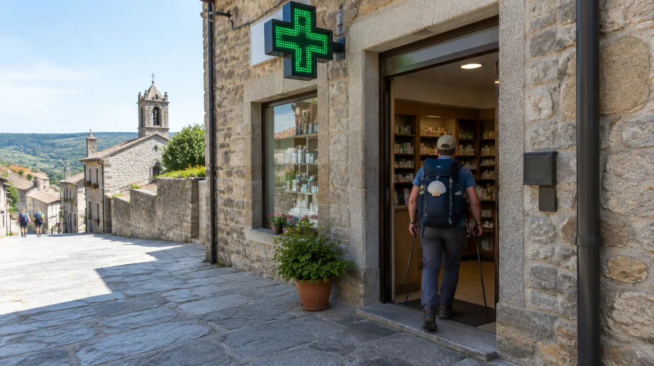 Farmácia de vilarejo com cruz verde no Caminho de Santiago