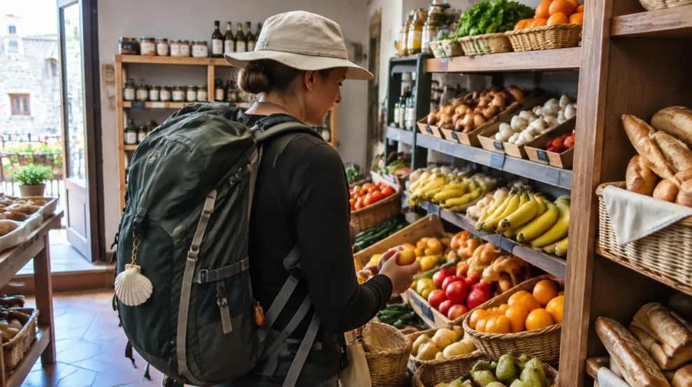 Peregrino comprando frutas em mercearia de vilarejo: supermercados no Caminho de Santiago
