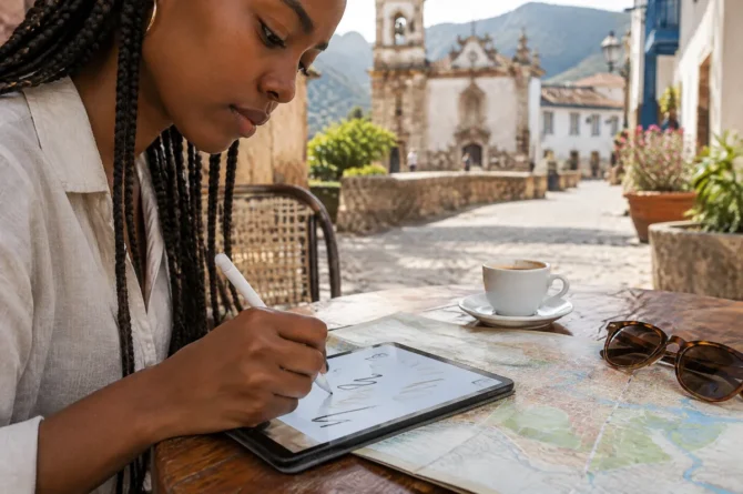Mão anotando com caneta stylus num tablet pequeno apoiado sobre um mapa de papel numa mesa de café