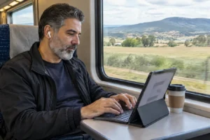 Viajante usando um tablet com capa teclado na mesa de um trem com paisagem rural passando pela janela
