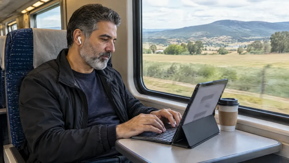 Viajante usando um tablet com capa teclado na mesa de um trem com paisagem rural passando pela janela