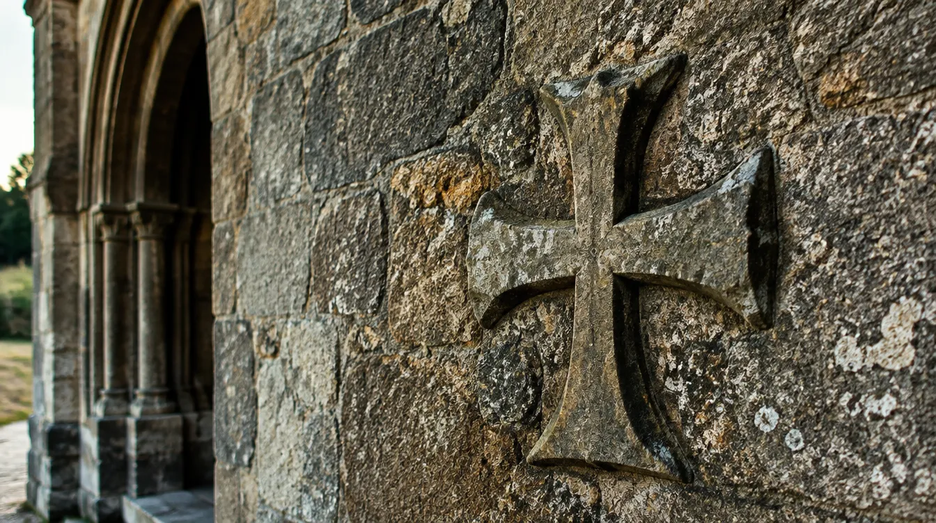 Cruz templária esculpida em muro de igreja no Caminho de Santiago