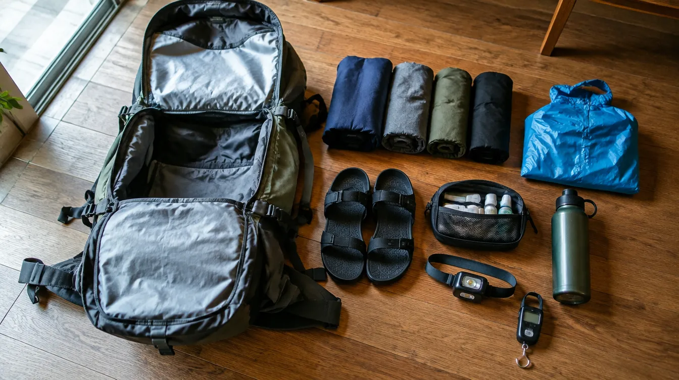 Itens da mochila e balança no chão, teste de mochila para o Caminho de Santiago