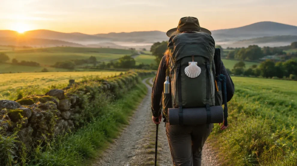 Peregrino com mochila carregada em estrada de terra, teste de mochila para o Caminho de Santiago