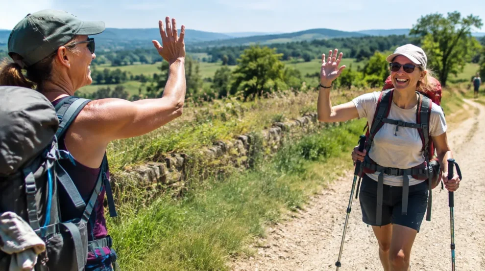Peregrinos se cumprimentando com Buen Camino, uma das tradições do Caminho de Santiago