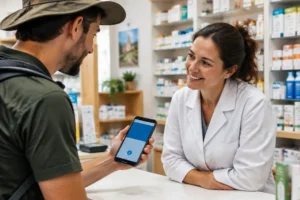 Peregrino usando o tradutor no celular para falar com a farmacêutica no Caminho de Santiago