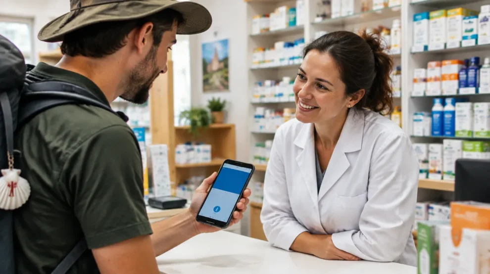 Peregrino usando o tradutor no celular para falar com a farmacêutica no Caminho de Santiago