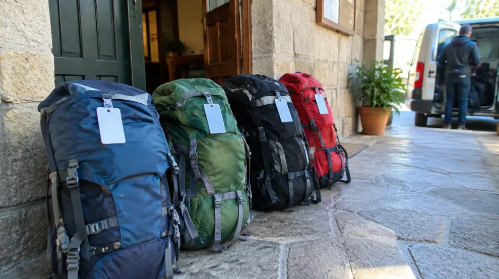 Mochilas etiquetadas aguardando o transporte de mochila no Caminho de Santiago