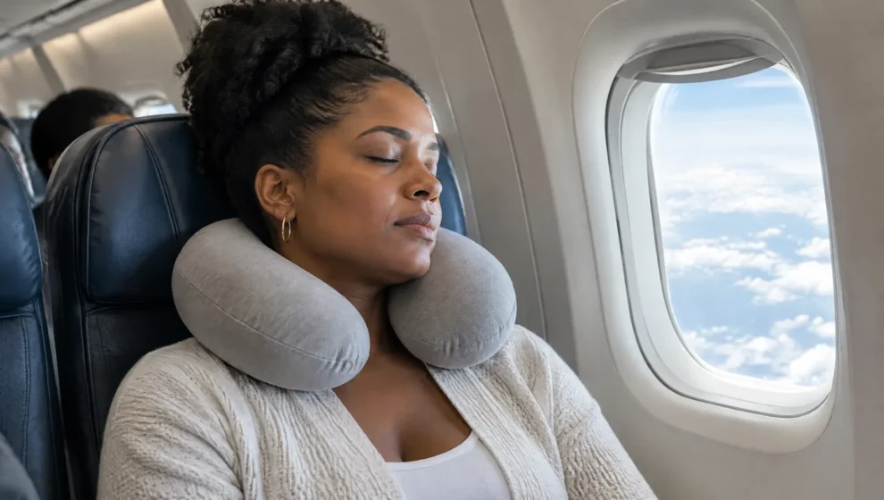 Viajante cochilando com travesseiro de pescoço na poltrona da janela de um avião durante o dia