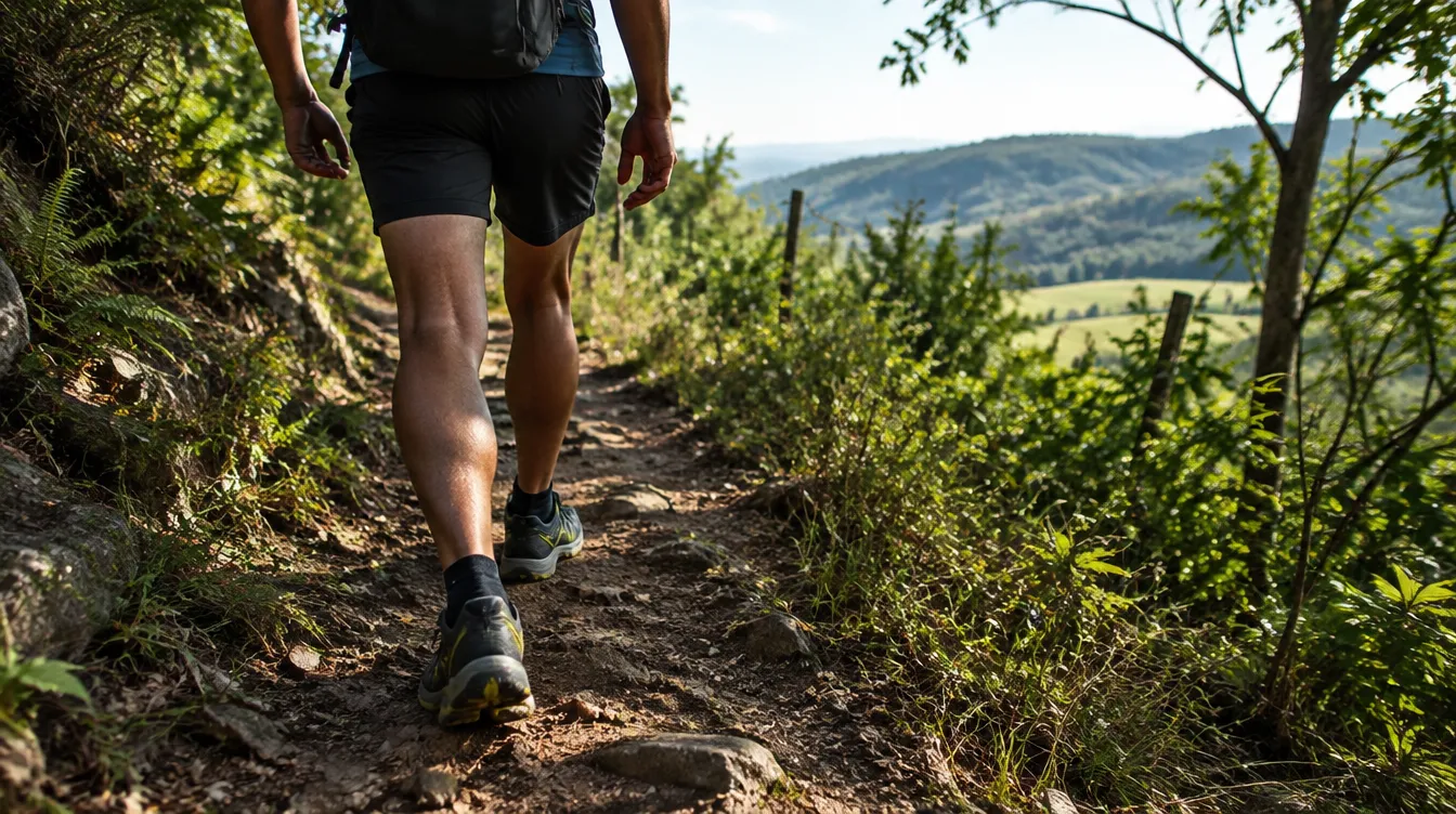 Pernas e tênis de trilha em caminhada de treino para preparar o corpo para o Caminho de Santiago