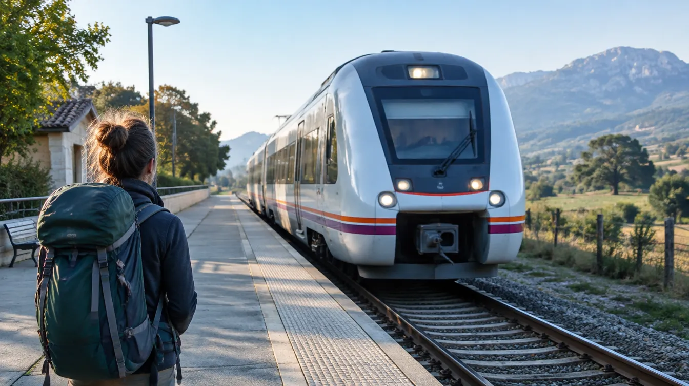 Peregrino com mochila esperando trem em estação do interior da Espanha a caminho do início do Caminho