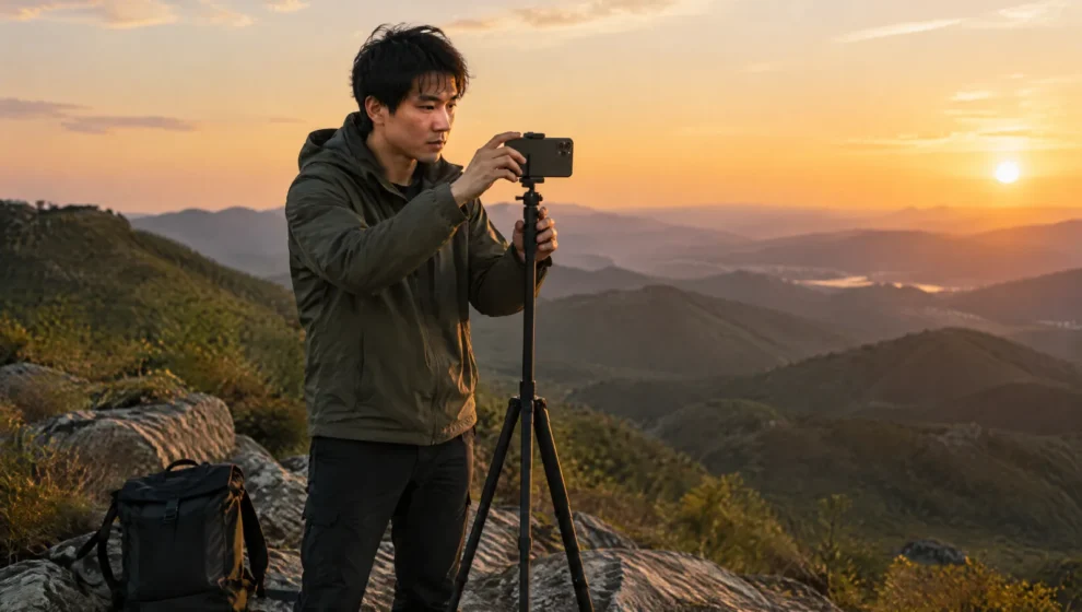 Viajante sozinho ajustando celular num tripé compacto em mirante ao pôr do sol