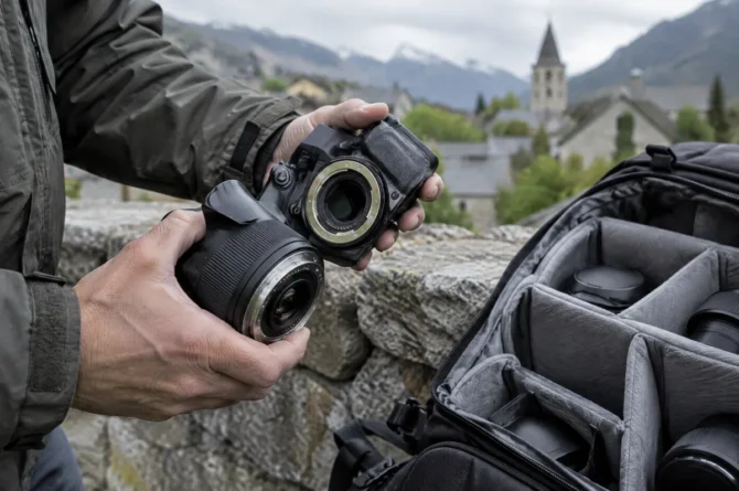 Mãos trocando a lente de uma câmera mirrorless com o corpo virado para baixo, protegido do vento