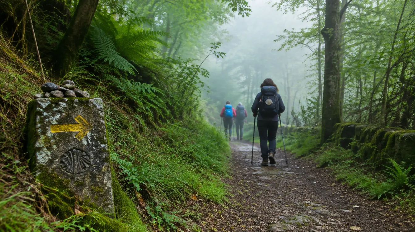 Peregrinos em bosque galego no trecho de Tui a Santiago do Caminho Português