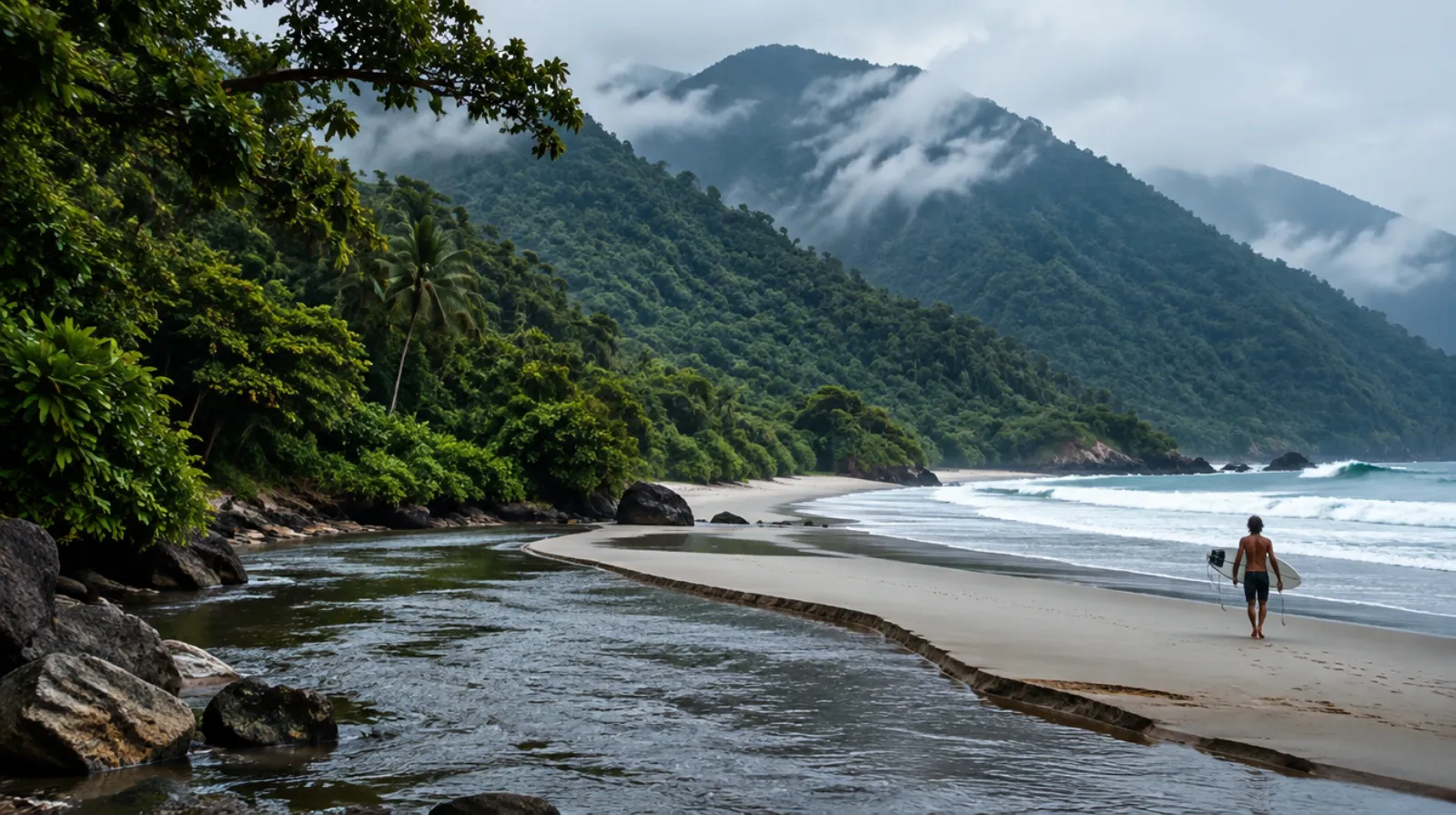 Praia selvagem com rio encontrando o mar, morros cobertos de mata e surfista caminhando