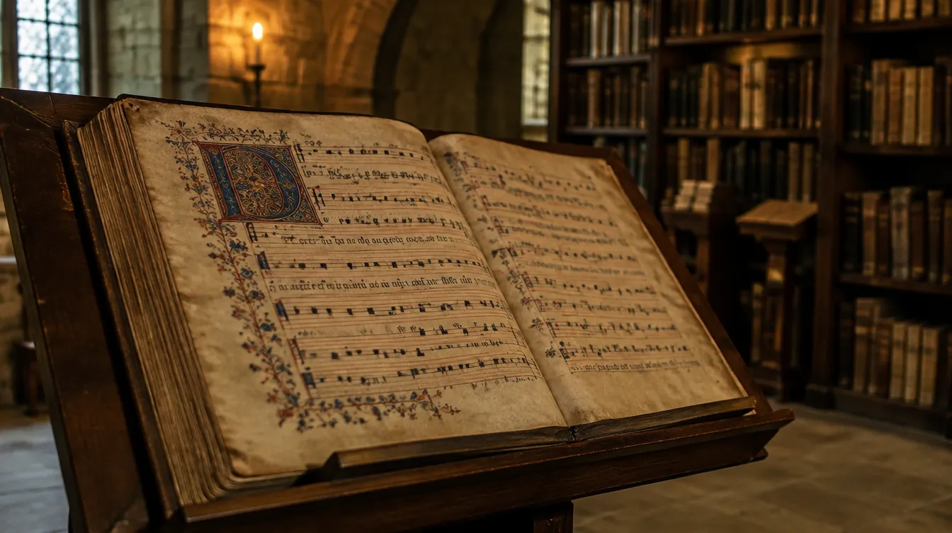 Página de manuscrito medieval com notação musical, origem de Ultreia e Suseia