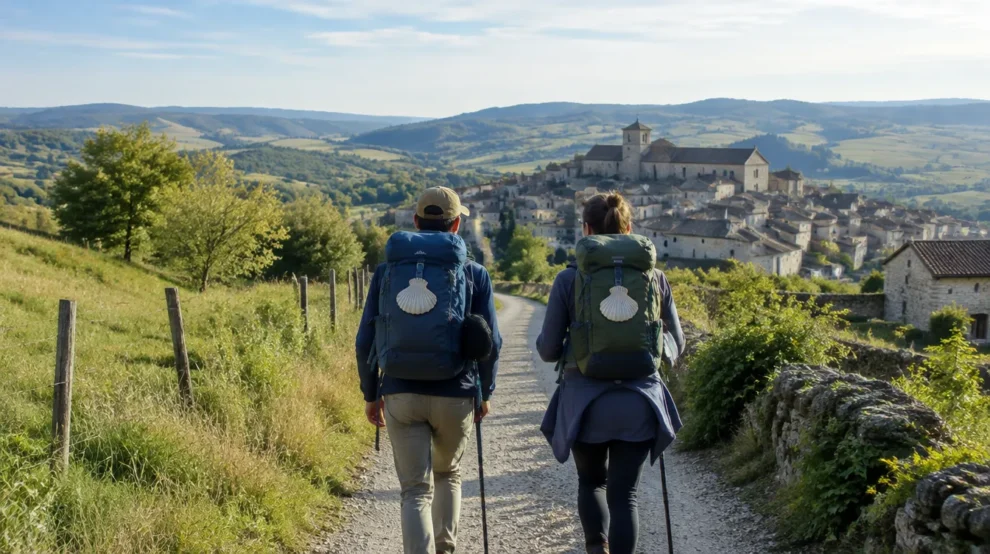 Peregrinos rumo a vilarejo medieval, onde se ouve Ultreia e Suseia e Buen Camino
