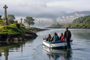 Peregrinos no barco pelo estuário na Variante Espiritual do Caminho Português
