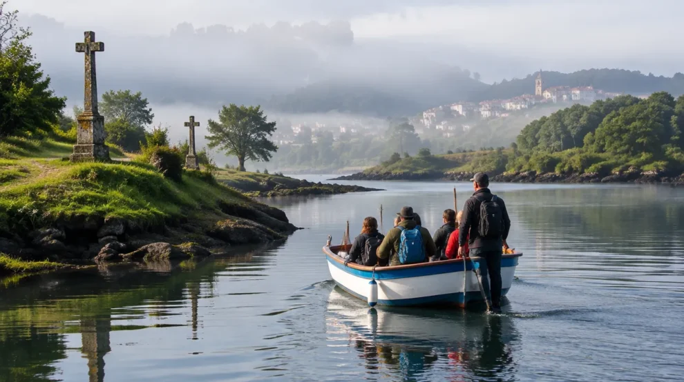 Peregrinos no barco pelo estuário na Variante Espiritual do Caminho Português