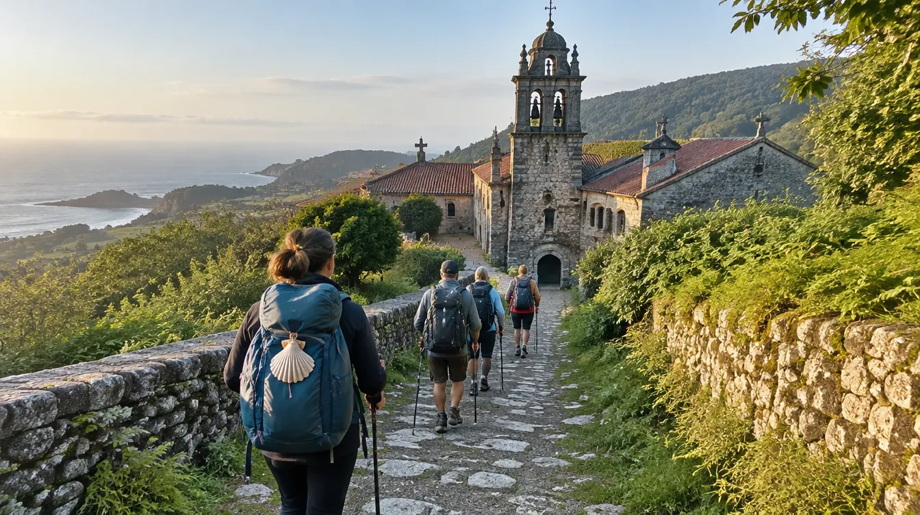 Peregrinos subindo para mosteiro na Variante Espiritual do Caminho Português
