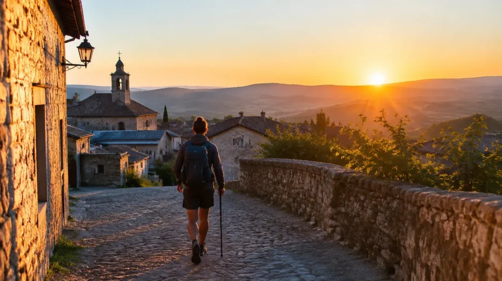 Peregrino caminhando por conta própria ao amanhecer: viagem independente no Caminho de Santiago