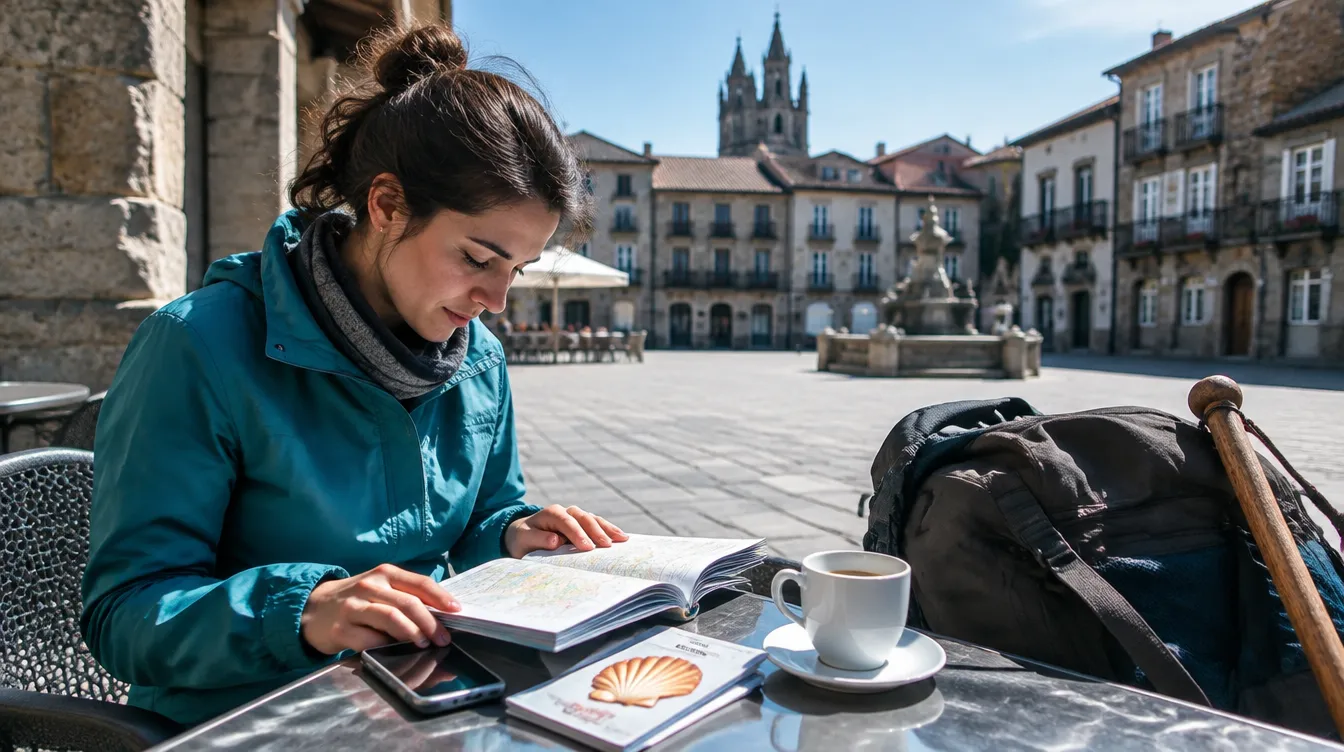 Peregrino planejando sozinho no café, em viagem independente pelo Caminho de Santiago