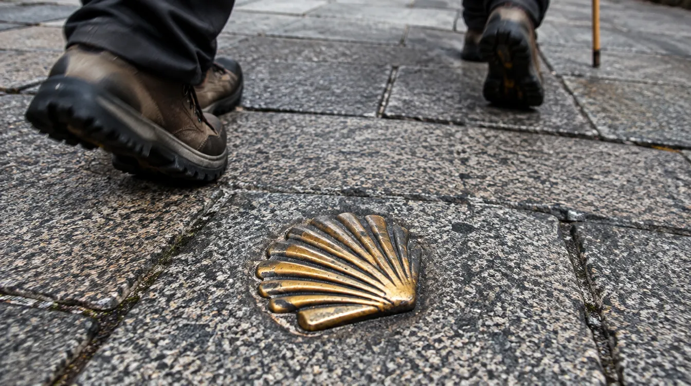 Vieira de bronze na calçada marcando a rota, símbolo do Caminho de Santiago