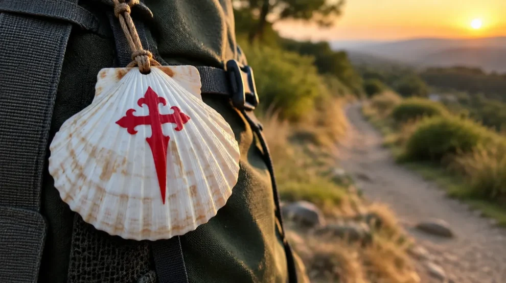 Vieira com a cruz de Santiago presa à mochila, um dos símbolos do Caminho de Santiago