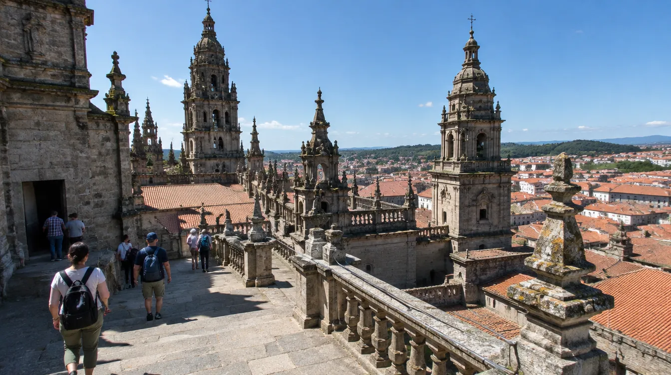 Visitantes nos telhados da Catedral de Santiago, passeio para o Ano Santo