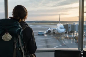 Peregrino no aeroporto na volta para casa depois do Caminho de Santiago