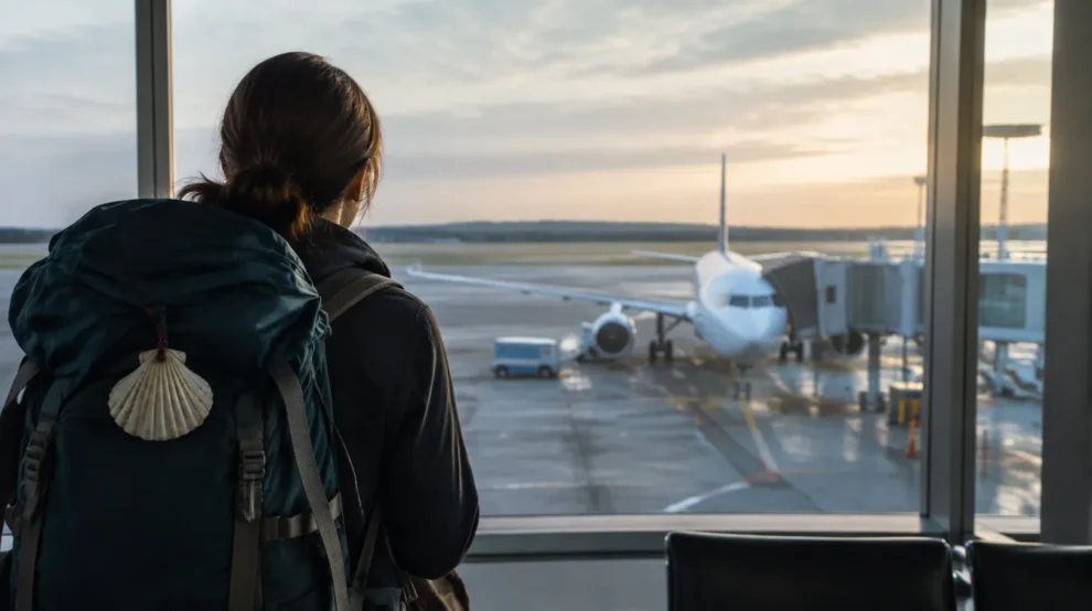 Peregrino no aeroporto na volta para casa depois do Caminho de Santiago