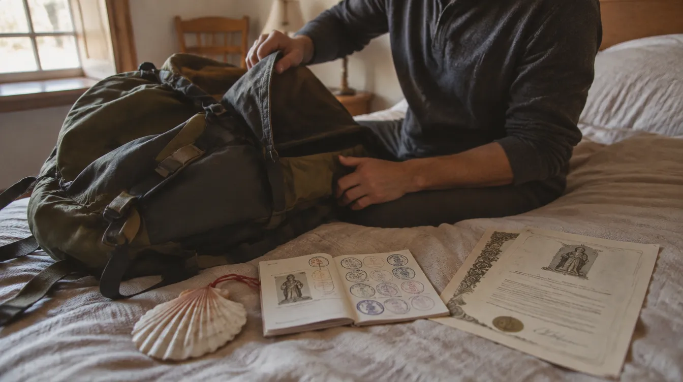 Desfazendo a mochila com concha e Compostela na volta para casa do Caminho de Santiago