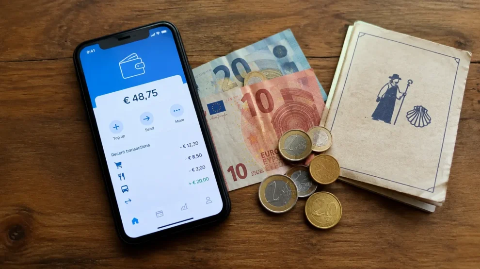 Carteira digital no celular ao lado de euros: Wise, Nomad ou dinheiro no Caminho de Santiago